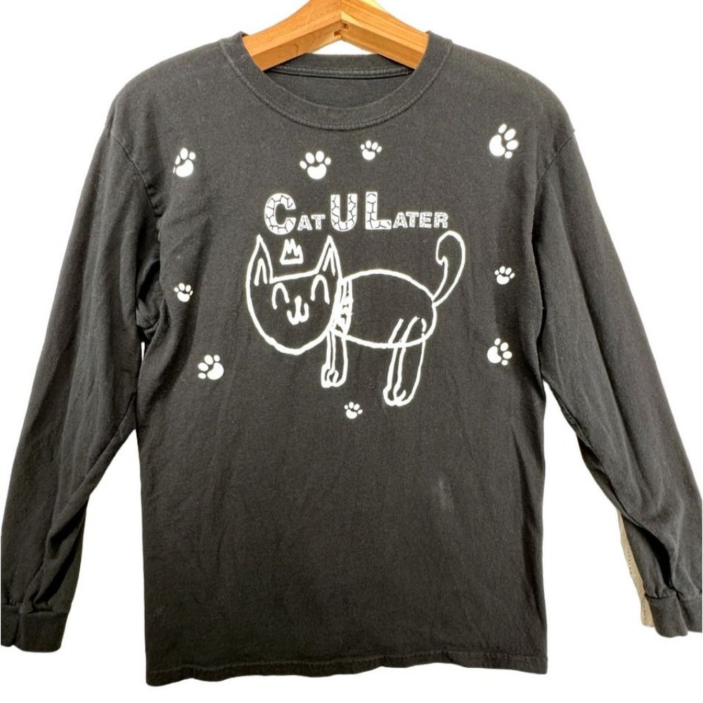 "Cat U Later" Women's Sz L T-Shirt Black Long Sleeve Crew Neck Casual Cute Comfy